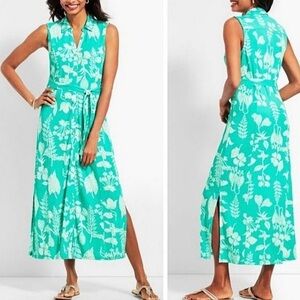Talbots Maxi V-Neck Full Button Up Sleeveless Belted green Floral Dress  Mp
